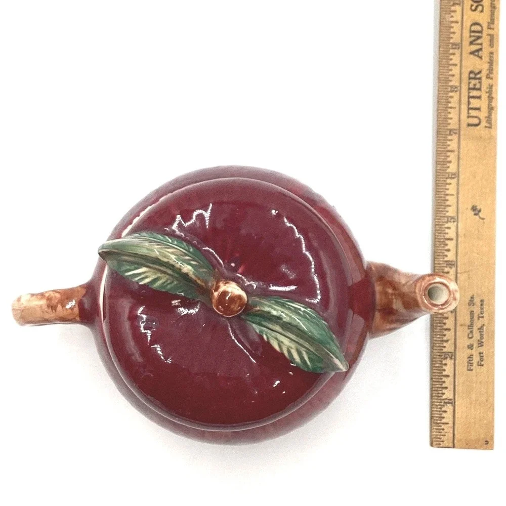 Vintage‎ Red Apple Ceramic Teapot with Lid Hand Painted Fruit Shape Fall Decor